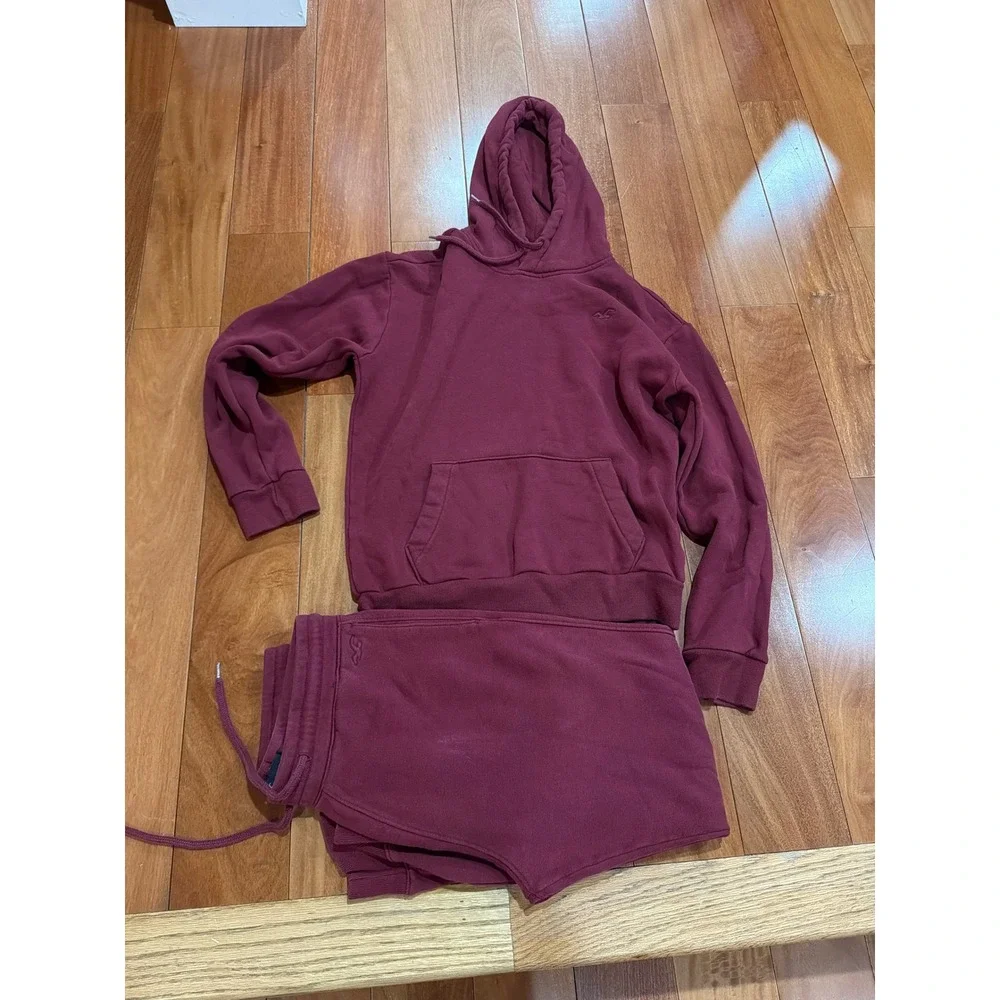 Hollister Sweatsuit Hoodie Jogger Set Burgundy Fleece Medium